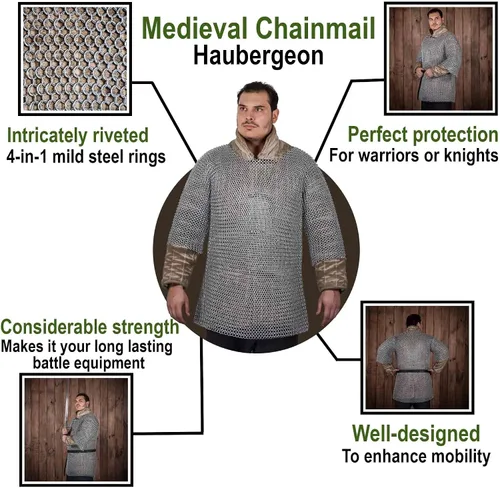 Vista 3 de Lord of Battles Media manga medieval camisa de alambre de acero anillos redondos a tope armadura de malla para recreaciones históricas LARP