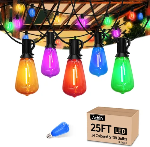 Vista 7 de Achin 50FT Solar String Lights Outdoor with 32 LED Bulbs 1.5FT Bulbs Spacing,Patio String Lights Whith Remote, IP65 Waterproof, 3600mAm Battery