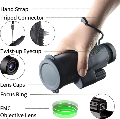 Vista 2 de Gosky Monocular de 12 x 50 para adultos, telescopio monocular con prisma BAK4 y lente FMC, monocular ligero, ideal para observación de aves, caza