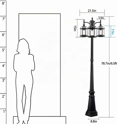 Vista 7 de Lámpara de poste de luz para exteriores del atardecer al amanecer con 3 bombillas LED, poste de luz de calle de aluminio de triple cabezal