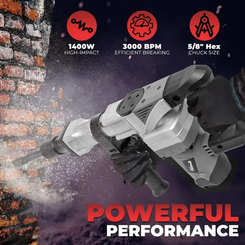 Vista 2 de XtremepowerUS - Martillo de demolición eléctrico de 1400 vatios, juego de brocas de cincel de punta y plana, rompedor de concreto para construcción
