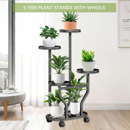 Vista 4 de Soporte para plantas de 5 niveles, estante de metal para plantas para interiores y exteriores, estante de esquina alta para plantas múltiples