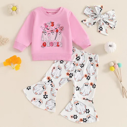 Vista 43 de Traje de Halloween para bebé niña, manga larga, cuello redondo, letras de fantasma, parte superior con estampado de fantasma, parte inferior