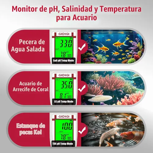 Vista 5 de Medidor de pH de salinidad para acuario, probador digital de sal de piscina, pantalla simultáneamente 5 en 1 PPM pH EC lector probador de calidad