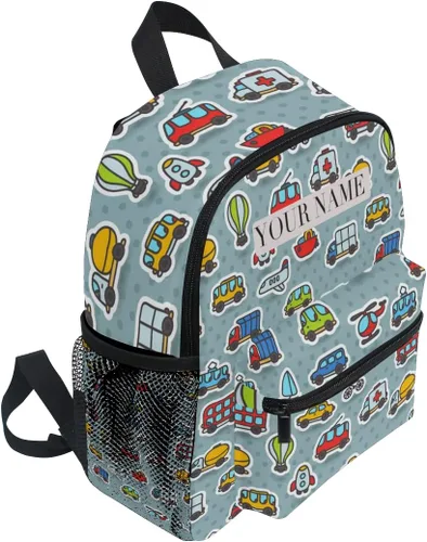 Vista 2 de Mochila personalizada para niños, mochila personalizada con nombre y texto para niños, lindo diseño de caricaturas, transporte, preescolar, jardín