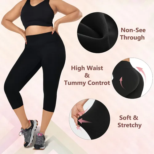 Vista 5 de Paquete de 3 leggings capri para mujer, talla grande, cintura alta, control de abdomen, pantalones elásticos de entrenamiento de yoga (XL-4X)