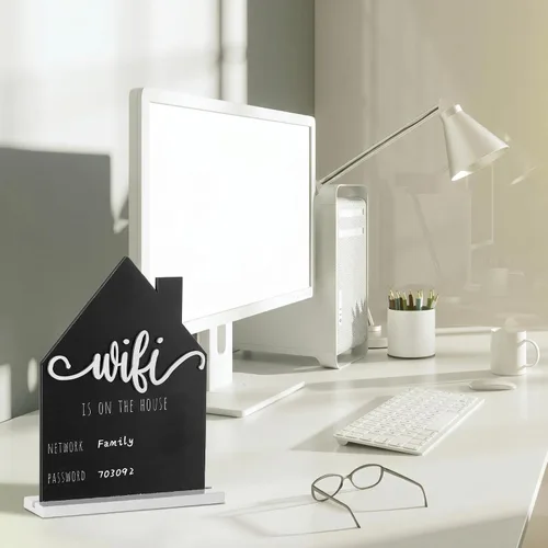 Vista 6 de Letrero de Contraseña con Patrón WiFi para Invitados del Hogar Mesa de Madera Letrero con Patrón WiFi de Madera con Tablero Pluma Borrable Pizarra