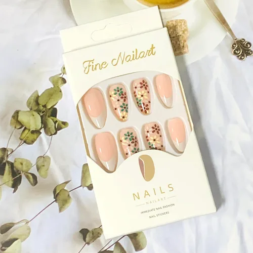 Vista 6 de Uñas postizas ovaladas a presión con puntas francesas, juego de uñas postizas cortas de flores artificiales, uñas postizas acrílicas con diseños