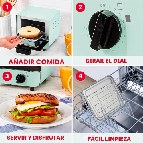 Vista 5 de Dash Mini horno tostador Pequeño horno tostador para dormitorios, apartamentos y cocinas pequeñas, dial temporizador ajustable con apagado