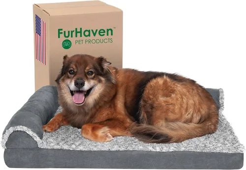 Vista 23 de Furhaven - Cama para perro de espuma viscoelástica, estilo diván en forma de L, de felpa y estampado de almendras, almendras azules, talla jumbo