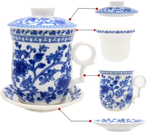 Vista 9 de Taza de té de porcelana con tapa de infusor y juegos de platillos – Taza de café de cerámica china Jingdezhen Taza de té de hoja suelta Sistema