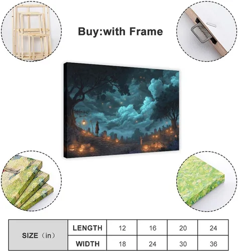 Vista 4 de JDBeehpy Spooky Halloween Cemetery Scene Wall Art Jack - O' - Lanterns Poster Mysterious Night Sky Frame Canvas Print PaintingCreepy Decor Mural