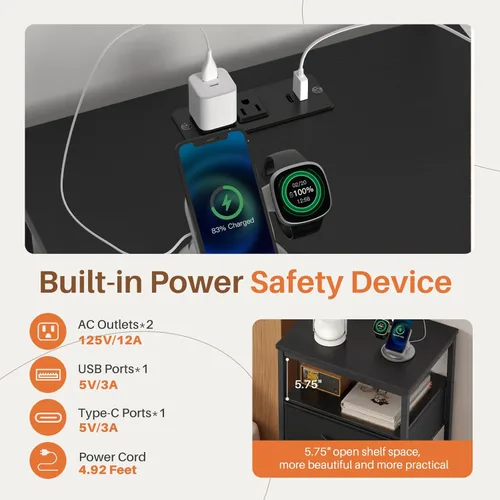 Vista 4 de Sweetcrispy Mesita de noche con estación de carga, mesa auxiliar con 3 cajones de tela, puertos USB y tipo C con salidas de CA, pies ajustables