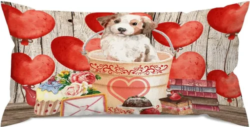 Vista 68 de Fundas de almohada lumbar con textura de madera rústica para perro en cubo, diseño de corazón rojo para el día de San Valentín, fundas de almohada