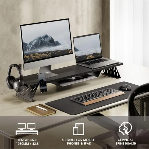 Vista 6 de Fenge Soporte de monitor doble, elevador de monitor de 42.5 pulgadas para escritorio, estante de escritorio de madera para 2 monitores, estante