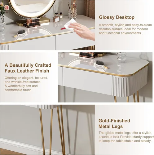 Vista 4 de Furnistar Tocador Pequeño con Espejo Redondo y Luces 39" Mesa de Tocador Moderna con 2 Cajones Mesa de Maquillaje para Dormitorio Blanco y Dorado