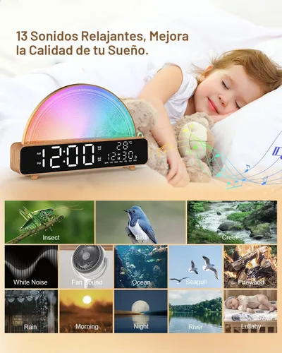 Vista 3 de HAODINGMAI – Reloj despertador con simulación de amanecer, luz para despertar con sonido de ruido blanco, control táctil, lámparas de mesita