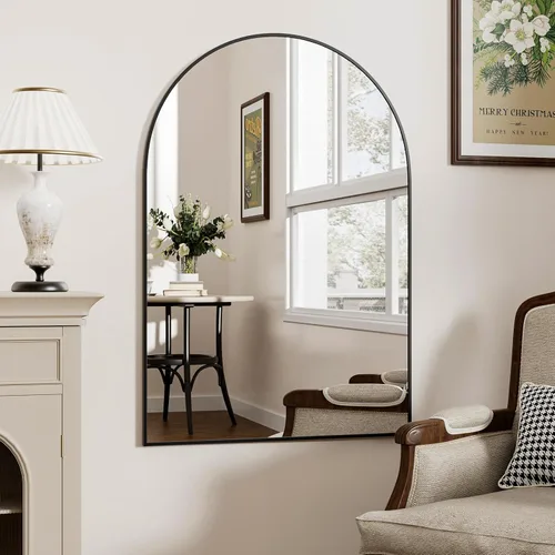 Vista 8 de Rowjut Espejo de pared en forma de arco de 30 x 20 pulgadas, espejo decorativo de pared y baño con marco de hierro, espejos de pared superior
