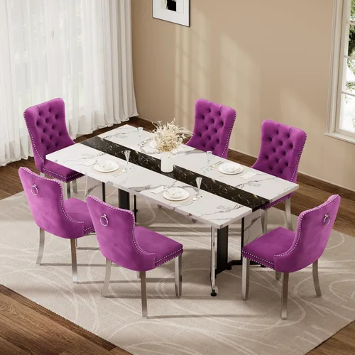 Vista 13 de Juego de mesa de comedor de 5 piezas con 4 sillas, mesa de comedor rectangular de madera de 71 pulgadas con sillas de comedor de terciopelo, tablero