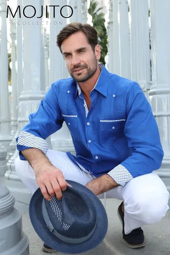 Vista 3 de Mojito Men's 100% Linen Guayabera Shirt Long Sleeve Print Trim Accent M-4019