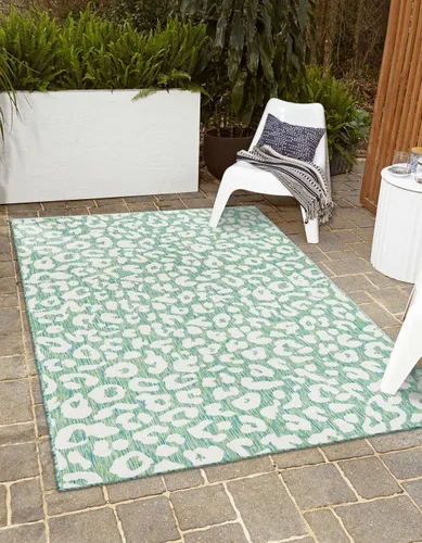 Vista 25 de Unique Loom colección Outdoor Safari Alfombra para exteriores - Leopardo (13' redonda, azul/gris)