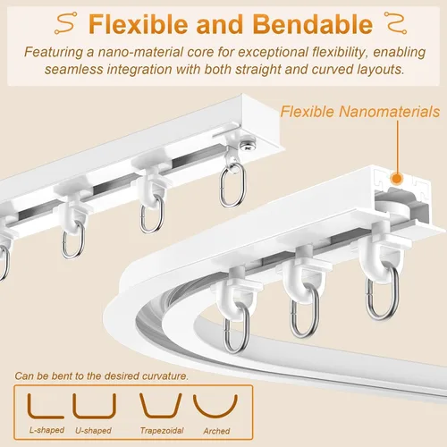 Vista 2 de Concealed Curved Curtain Track with Silent Roller, 4 6 8 10 12 ft Smooth Ceiling Curtain Rail, Single Ceiling Rail Kit for Curtains Bay