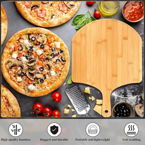 Vista 3 de Gerrii 9 piezas de madera para pizza de 15.75 pulgadas, tabla de cortar de bambú para tarta, espátula de paleta con mango para hornear, horno