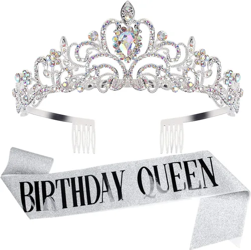Vista 17 de Velscrun Tiara - Corona de Reina de Cumpleaños con Diamantes de Imitación y Banda Tiara de cumpleaños 27