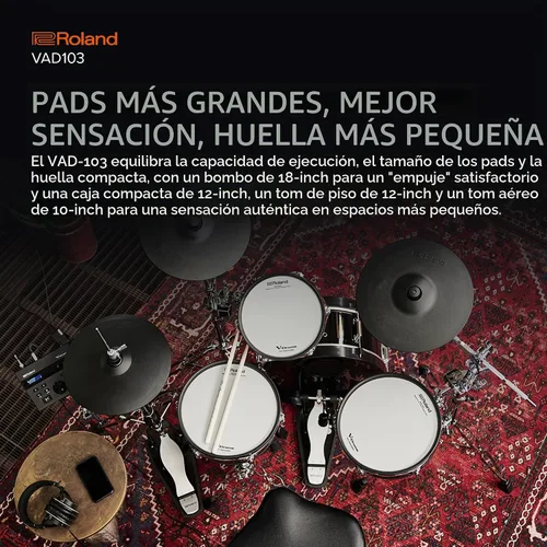 Vista 3 de Roland VAD103 V-Drums Kit de batería de diseño acústico electrónico de 4 piezas con carcasas de poca profundidad Conchas de poca profundidad