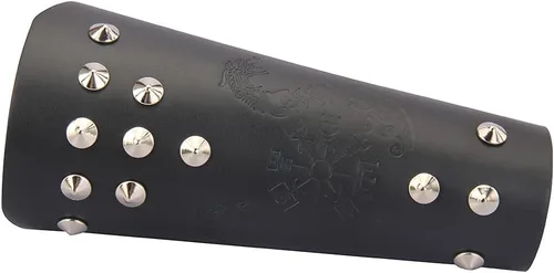 Vista 2 de Jeilwiy Brazaletes vikingos medievales de cuero, brazaletes de armadura de brazo, brazalete de cuero, guantelete punk para hombres y mujeres