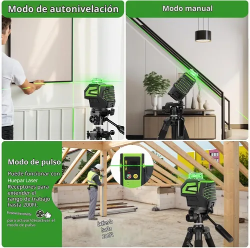 Vista 4 de Huepar Línea cruzada de nivel láser verde autonivelante con 2 puntos de plomada herramienta láser -360 línea horizontal más haz vertical con trípode