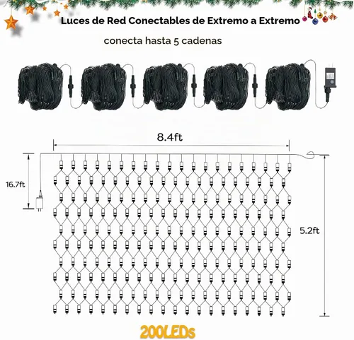 Vista 6 de WBao - Luces de Navidad, 200 LED de red de 8.4 x 5.2 pies, luz de malla para exteriores con 8 modos, temporizador, certificado UL, conectables