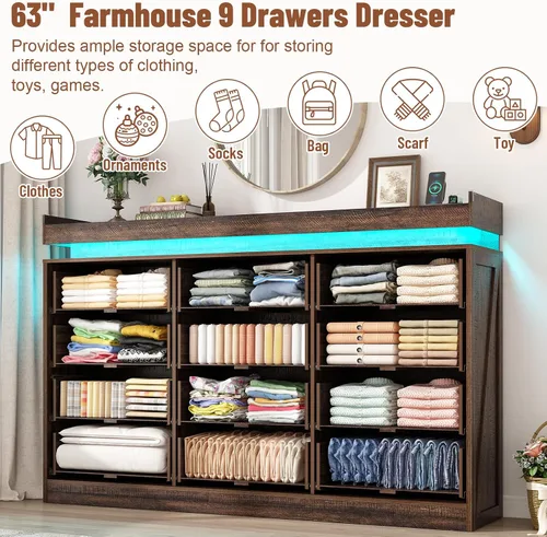 Vista 5 de Cómoda grande de 180 cm de ancho por 117 cm de alto con 12 cajones estilo granja para dormitorio con luz LED y tomas de corriente, cómoda de madera