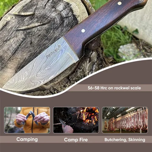 Vista 4 de Venta - Cuchillo de caza de Damasco hecho a mano personalizado Hermoso cuchillo de Bushcraft con funda y sacapuntas de cuchillo