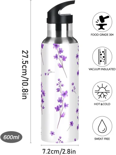 Vista 9 de Purple Flowers Leaves Stainless Steel Water Bottle 20 Oz Leakproof Water Bottles, BPA-Free Sports Water Bottle with Straw