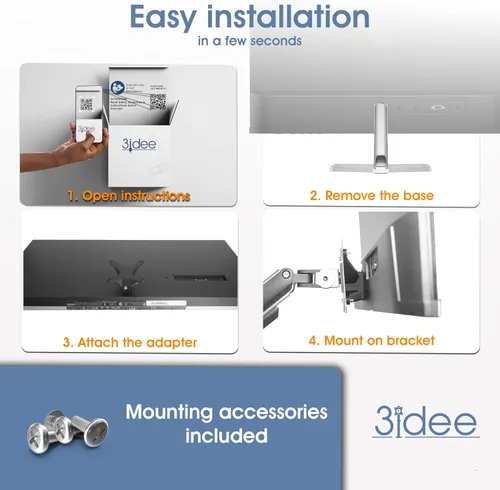 Vista 3 de 3IDEE Adaptador de montaje VESA para monitor HP (524sa, 524sf, 524sw, 527sa, 527sf, 527sw, 532sf, M22f, M24f, M27f, M32f) - Adaptador de montaje