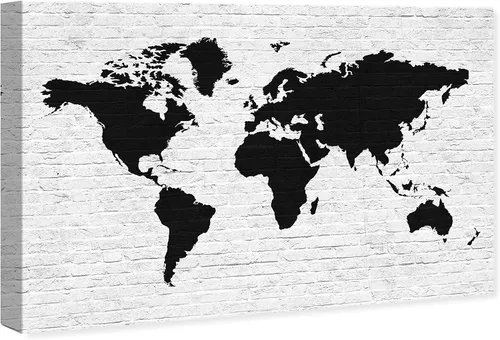 Vista 2 de The Oliver Gal Artist Co. Maps - Lienzo decorativo para pared, diseño de ladrillo limpio Mapamundi, decoración del hogar, 30 x 20 pulgadas, negro