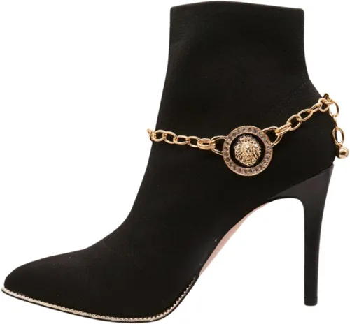 Vista 8 de Trendy Fashion Jewelry Cadena de bota occidental para mujer, pulsera de metal dorado, tobillera de tacón alto, moneda de león, medallón con dije