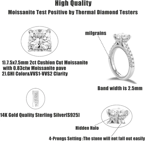 Vista 3 de DovEggs Moissanite Engagement Rings for Women 2ct 7.5x7.5mm G-H-I Color Cushion Lab Created Moissanite Hidden Halo Wedding Ring pave 14k Gold