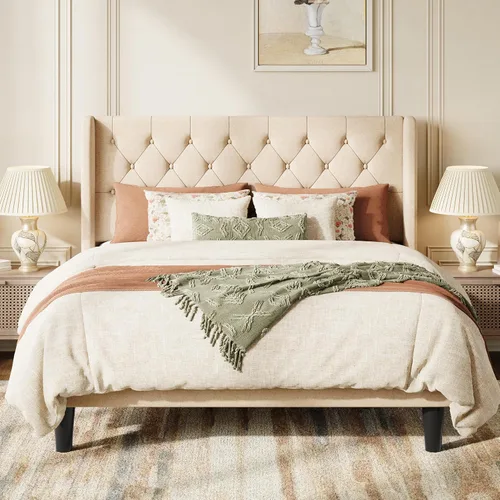 Vista 3 de SHA CERLIN Marco de cama tapizado completo, diseño capitoné con botones, color beige