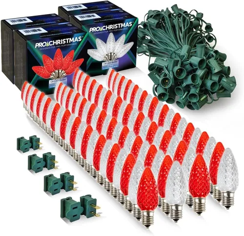 Vista 38 de Pro Christmas - Kit de luces C9 para exteriores, blanco cálido, cable verde, 50 bombillas, 50 pies