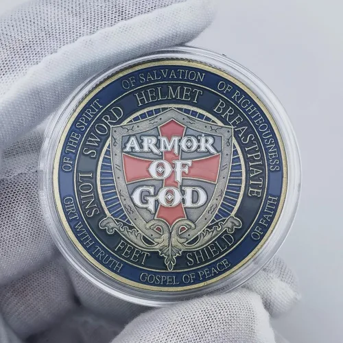 Vista 2 de Ponte la armadura completa de Dios Moneda de desafío Efesios 6:11-13 Regalo inspirador