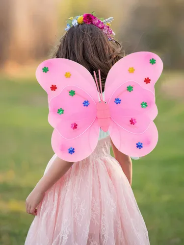 Vista 2 de Unsutuo Alas de hada de mariposa iluminadas, alas de Halloween, alas LED, conjunto de disfraz de mariposa, accesorios para niñas (rosa)