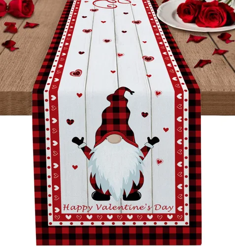 Vista 13 de Camino de mesa para decoración del día de San Valentín, diseño de gnomo, corazón, rojo, a cuadros, búfalo, algodón, lino, decoración de mesa