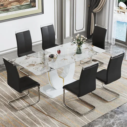 Vista 12 de JUFU Juego de mesa de comedor moderno para 4, juego de mesa de cocina rectangular de 63 pulgadas con mesa de mármol sintético y 4 sillas tapizadas