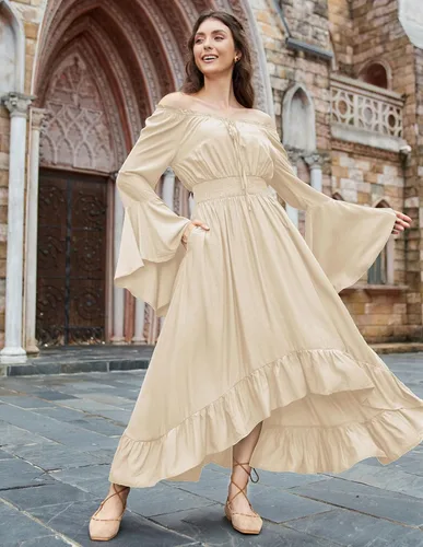 Vista 5 de Scarlet Darkness Disfraz de feria renacentista para mujer, con hombros descubiertos, manga larga acampanada, vestido alto y bajo
