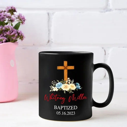 Vista 3 de Personalized Baptism Coffee Mug Gift With Baby Name & Date Baptized, Customized Baby Baptism Christening Black Ceramic Mug Gift For Dad Mom
