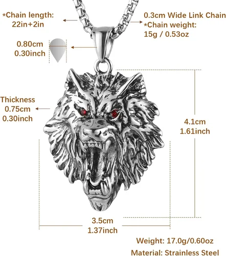 Vista 2 de HZMAN Norse Viking Wolf Necklace for Men Boys Stainless Steel Gothic Punk Fenrir Wolf Head Animal Pendant Jewelry Gift