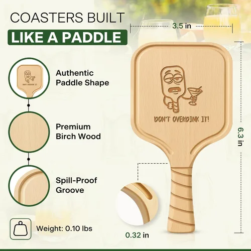 Vista 2 de Juego de 4 posavasos de paleta de pickleball – Regalo ingenioso para amantes del pickleball, hombres y mujeres – Madera de abedul premium