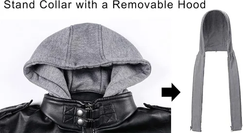 Vista 2 de MAGCOMSEN Chaqueta de piel sintética con cuello alto para hombre, 6 bolsillos, chaqueta de motocicleta con capucha extraíble